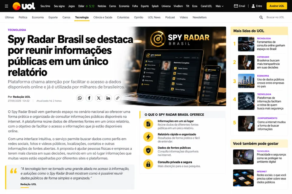 Matéria do portal UOL: Spy Radar Brasil se destaca por reunir informações públicas em um único relatório